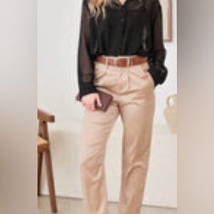 Satin Beige  Belted High Waist Crop Pants (2 S, 1 M)